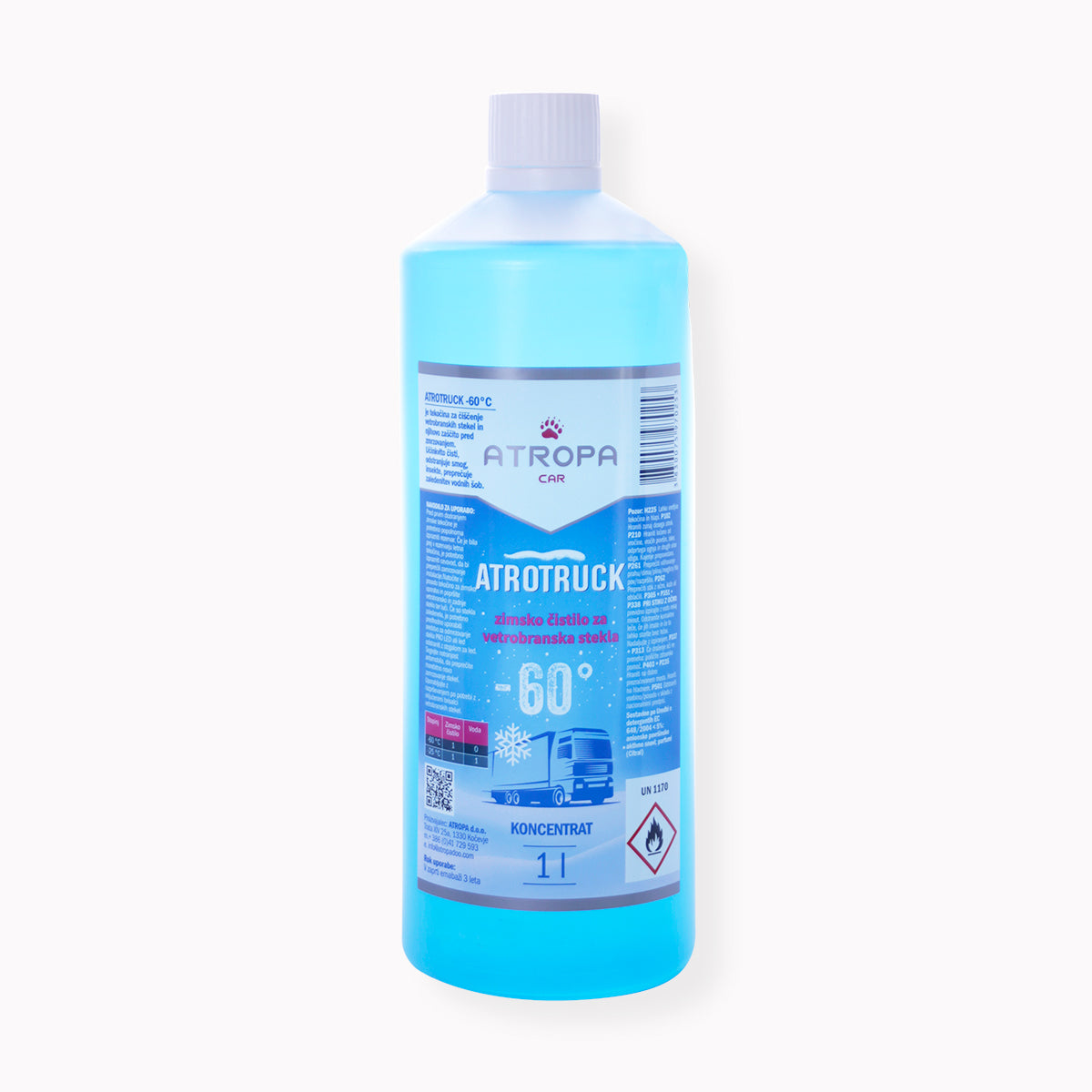 ATROTRUCK zimska tekočina za vetrobransko steklo 1l do -60 °C modre barve v praktični embalaži. Zimska tekočina za vetrobransko steklo je proizvedena v sloveniji.